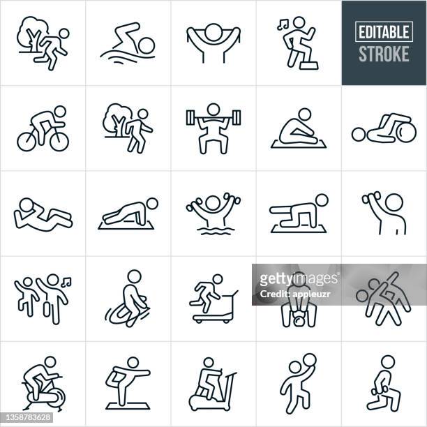 fitness activities thin line icons - editable stroke - strength icon stock illustrations