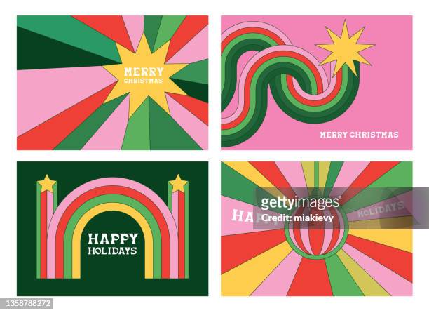 ilustrações de stock, clip art, desenhos animados e ícones de set of groovy christmas cards - funky