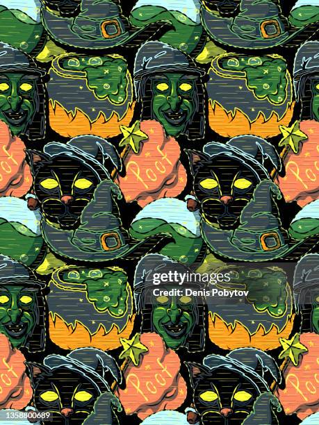 funny cartoon seamless illustration - witch theme. - witchhazel stock illustrations