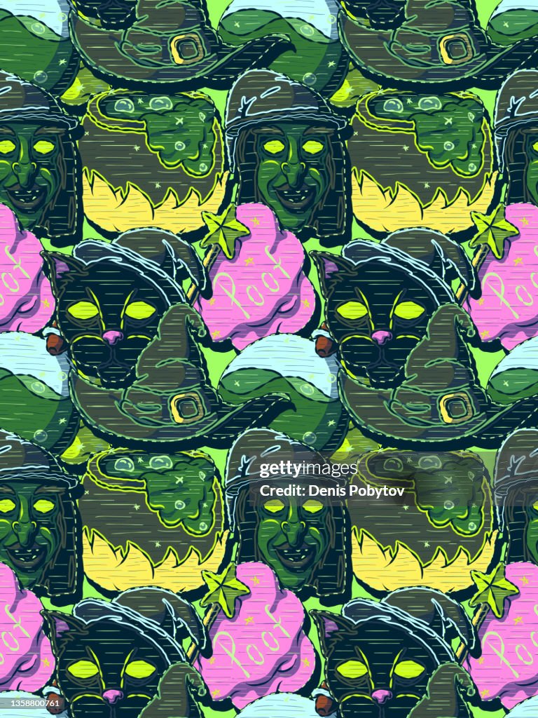 Funny cartoon seamless Illustration - Witch theme.