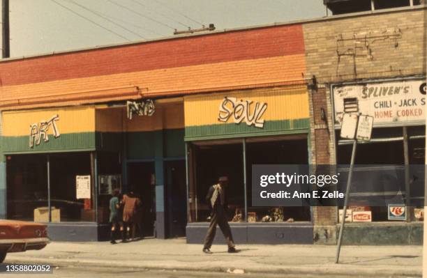 Exterior view of the Art & Soul community art center and its 'Rainbow' mural , in the Lawndale neighborhood, Chicago, Illinois, October 1968. The...