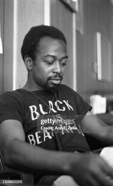 Close-up of American artist and Art & Soul Director Jackie Hetherington in the Conservative Vice Lords office, Chicago, Illinois, September 1968. His...