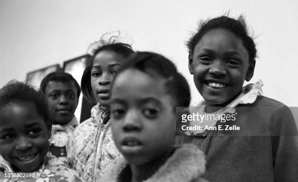 Portrait of a group of girls as they attend the opening event for the Art Contest Exhibition at the Art & Soul community art center , in the Lawndale...