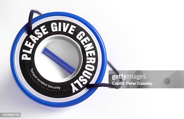 charity collecting tin/box - donation box white background stock pictures, royalty-free photos & images