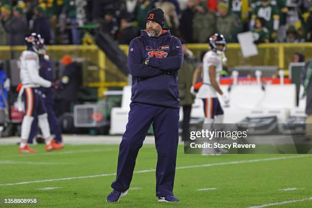 Head coach Matt Nagy of the Chicago Bears watches action prior to a game against the Green Bay Packers at Lambeau Field on December 12, 2021 in Green...
