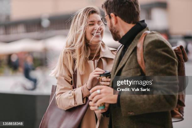 look of love and coffee to go - coffee break outside stock pictures, royalty-free photos & images