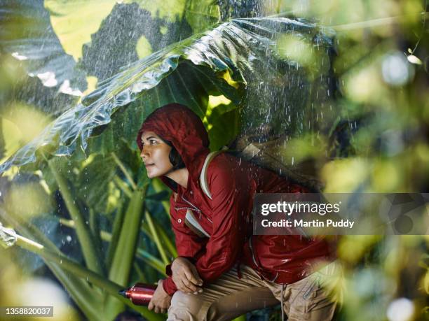 asian woman sheltering from rain underneath tropical plants, during trekking in forest - sport determination stock-fotos und bilder