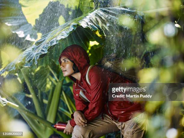 asian woman sheltering from rain underneath tropical plants, during trekking in forest - se protéger de la pluie photos et images de collection