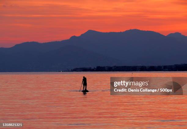 paddle at sunset,silhouette of woman in sea against orange sky,plage des ondes,antibes,france - surfers in the sea at sunset stock pictures, royalty-free photos & images