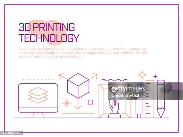 3d printing technology related vector banner design concept, modern line style with icons - prototype model stock illustrations