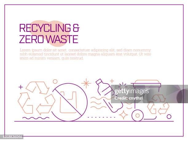 recycling related vector banner design concept, modern line style with icons - garbage can stock illustrations
