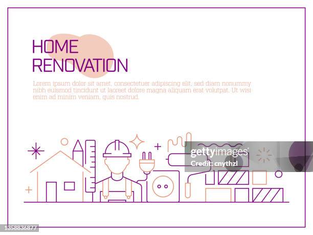 home renovation related vector banner design concept, modern line style with icons - interior designer working stock illustrations