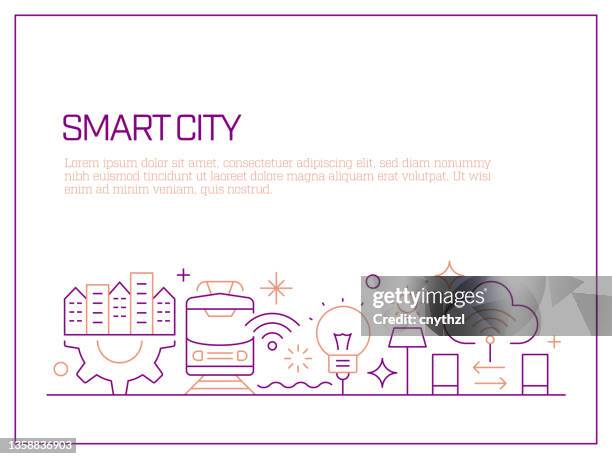 smart city related vector banner design concept, modern line style with icons - smart city stock illustrations