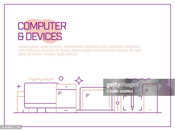 computer and devices related vector banner design concept, modern line style with icons - virtual desktop stock illustrations