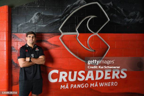 Pablo Matera poses during a Crusaders Super Rugby media opportunity at Rugby Park on December 14, 2021 in Christchurch, New Zealand.