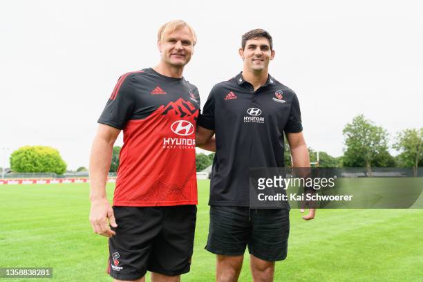 Head Coach Scott Robertson and Pablo Matera pose during a Crusaders Super Rugby media opportunity at Rugby Park on December 14, 2021 in Christchurch,...