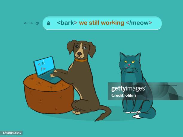 dog and cat working on web page - token stock illustrations