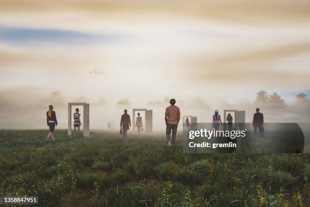 surreal abstract doors with people leaving - opening stock pictures, royalty-free photos & images