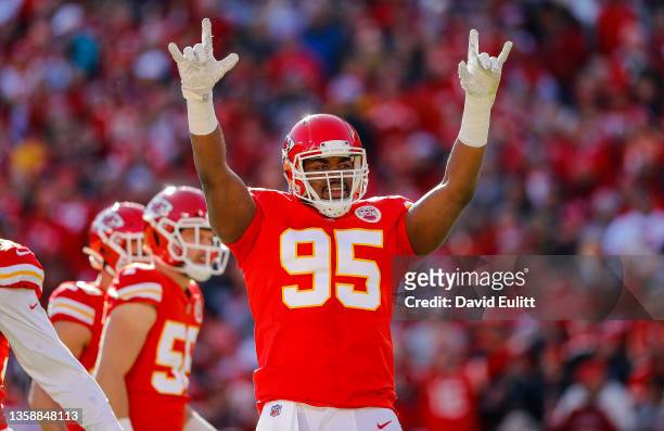 Chris Jones of the Kansas City Chiefs reacts to the crowd noise during the first quarter against the Las Vegas Raiders at Arrowhead Stadium on...