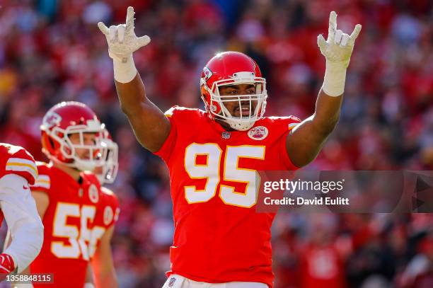 Chris Jones of the Kansas City Chiefs reacts to the crowd noise during the first quarter against the Las Vegas Raiders at Arrowhead Stadium on...