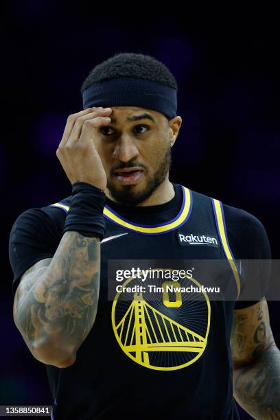 Gary Payton II of the Golden State Warriors looks on against the Philadelphia 76ers at Wells Fargo Center on December 11, 2021 in Philadelphia,...