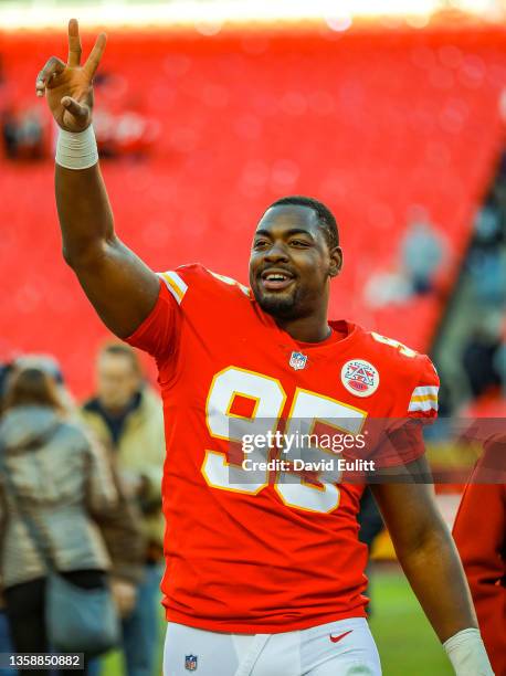 Chris Jones of the Kansas City Chiefs waves to fans following the 48-9 victory over the Las Vegas Raiders at Arrowhead Stadium on December 12, 2021...