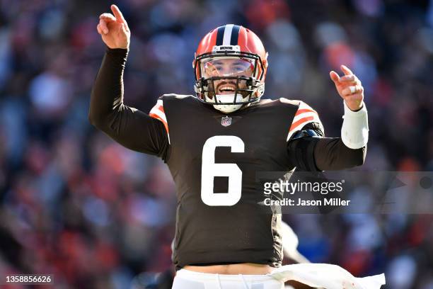 Quarterback Baker Mayfield of the Cleveland Browns celebrates after throwing a touchdown pass during the second quarter against the Baltimore Ravens...
