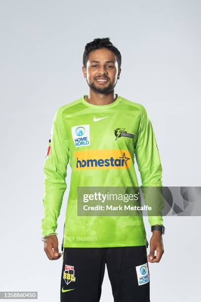 Tanveer Sangha poses during the Sydney Thunder Big Bash League headshots session at Sydney Olympic Park Sports Centre on November 30, 2021 in Sydney,...