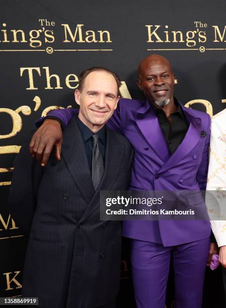 Ralph Fiennes and Djimon Hounsou attend the "The King's Man" New York Gala Screening at Museum of Modern Art on December 13, 2021 in New York City.