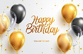 Birthday greeting vector background design. Happy birthday typography text with elegant gold black balloons and golden confetti for birth day celebration card.