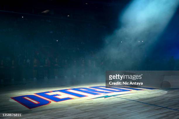 The Detroit Pistons logo is pictured center court before the game against the Brooklyn Nets at Little Caesars Arena on December 12, 2021 in Detroit,...