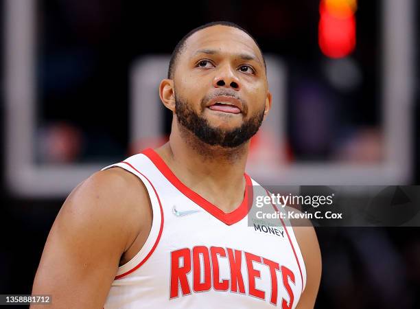 Eric Gordon of the Houston Rockets reacts after hitting a three-point basket against the Atlanta Hawks during the second half at State Farm Arena on...
