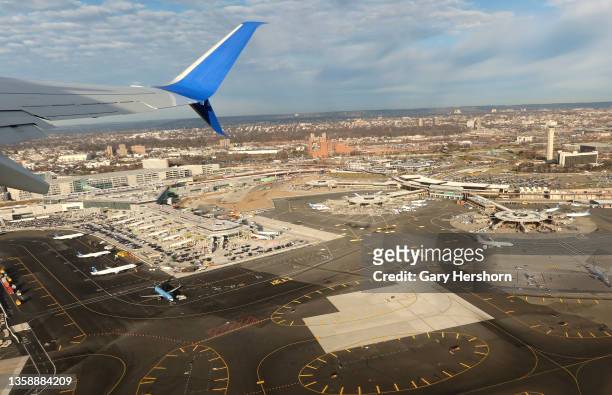 The new under-construction Terminal 1 is seen from a departing United Airlines airplane at Newark Liberty International Airport on December 13 in...