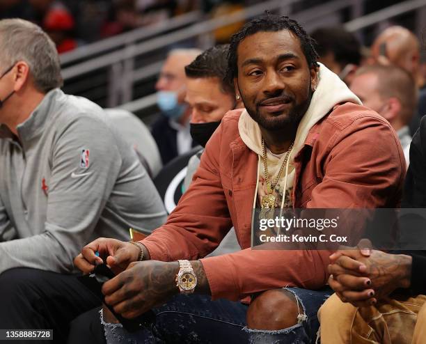 John Wall of the Houston Rockets reacts prior to tip-off against the Atlanta Hawks at State Farm Arena on December 13, 2021 in Atlanta, Georgia. NOTE...
