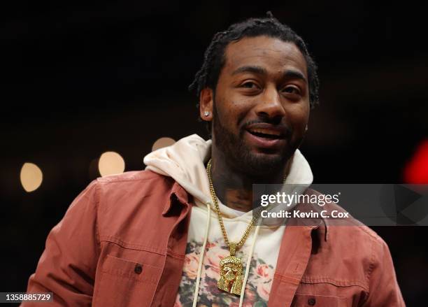 John Wall of the Houston Rockets reacts prior to tip-off against the Atlanta Hawks at State Farm Arena on December 13, 2021 in Atlanta, Georgia. NOTE...