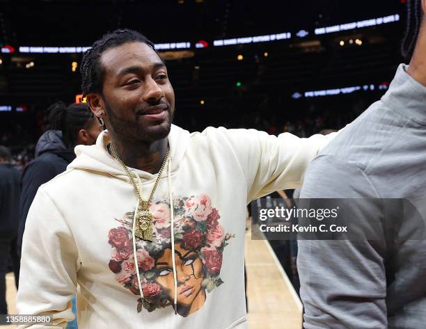 John Wall of the Houston Rockets react after their 132-126 win over the Atlanta Hawks at State Farm Arena on December 13, 2021 in Atlanta, Georgia....