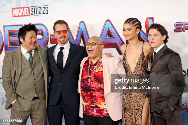 Benedict Wong, Benedict Cumberbatch, Jacob Batalon, Zendaya, and Tom Holland attend Sony Pictures' "Spider-Man: No Way Home" Los Angeles Premiere on...