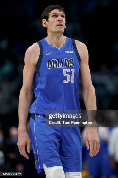 Boban Marjanovic of the Dallas Mavericks reacts against the Charlotte Hornets in the fourth quarter at American Airlines Center on December 13, 2021...