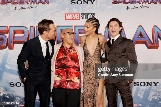 Benedict Cumberbatch, Jacob Batalon, Zendaya, and Tom Holland attend Sony Pictures' "Spider-Man: No Way Home" Los Angeles Premiere on December 13,...