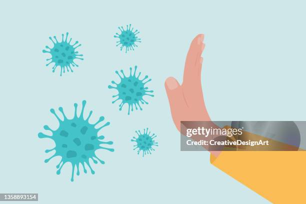 stockillustraties, clipart, cartoons en iconen met stop coronavirus. side view of human hand gesturing stop to coronavirus cells. - corona