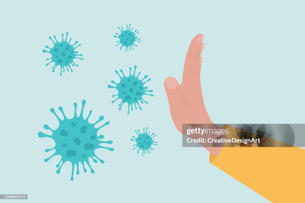 Stop Coronavirus. Side View Of Human Hand Gesturing Stop To Coronavirus Cells.