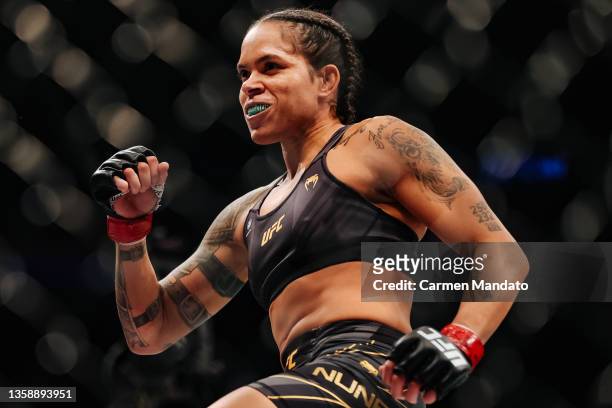 Amanda Nunes of Brazil in their women's bantamweight title fight during the UFC 269 event at T-Mobile Arena on December 11, 2021 in Las Vegas, Nevada.