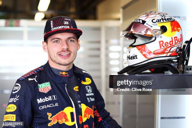 Max Verstappen of Netherlands and Red Bull Racing prepares to drive in the garage during Formula 1 testing at Yas Marina Circuit on December 14, 2021...