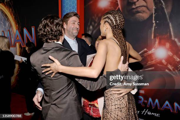 Tom Holland, Jon Watts, Jacob Batalon and Zendaya attend Sony Pictures' "Spider-Man: No Way Home" Los Angeles Premiere on December 13, 2021 in Los...