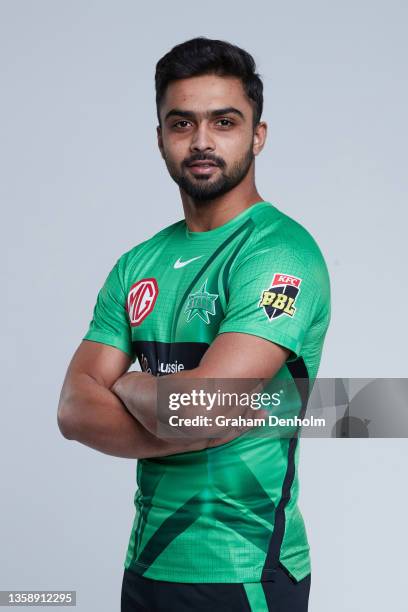 Ahmad Daniyal of the Stars poses during the Melbourne Stars Big Bash League headshots session at Junction Oval on December 14, 2021 in Melbourne,...