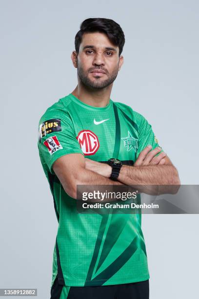 Qais Ahmad of the Stars poses during the Melbourne Stars Big Bash League headshots session at Junction Oval on December 14, 2021 in Melbourne,...