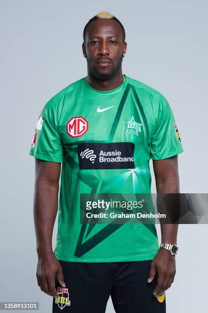 Andre Russell of the Stars poses during the Melbourne Stars Big Bash League headshots session at Junction Oval on December 14, 2021 in Melbourne,...