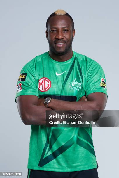 Andre Russell of the Stars poses during the Melbourne Stars Big Bash League headshots session at Junction Oval on December 14, 2021 in Melbourne,...