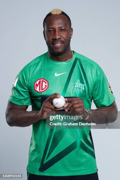 Andre Russell of the Stars poses during the Melbourne Stars Big Bash League headshots session at Junction Oval on December 14, 2021 in Melbourne,...