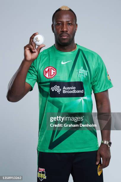 Andre Russell of the Stars poses during the Melbourne Stars Big Bash League headshots session at Junction Oval on December 14, 2021 in Melbourne,...